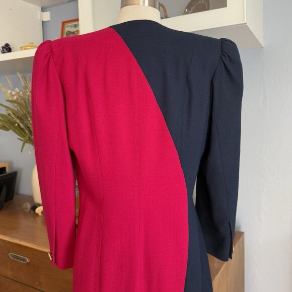 Vintage 80’s Lilli Ann Sheath Dress Button Front Wool Colorblock L Navy Pink - Picture 9 of 13